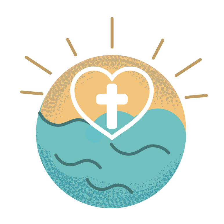 Sun with rays and water with waves heart with cross