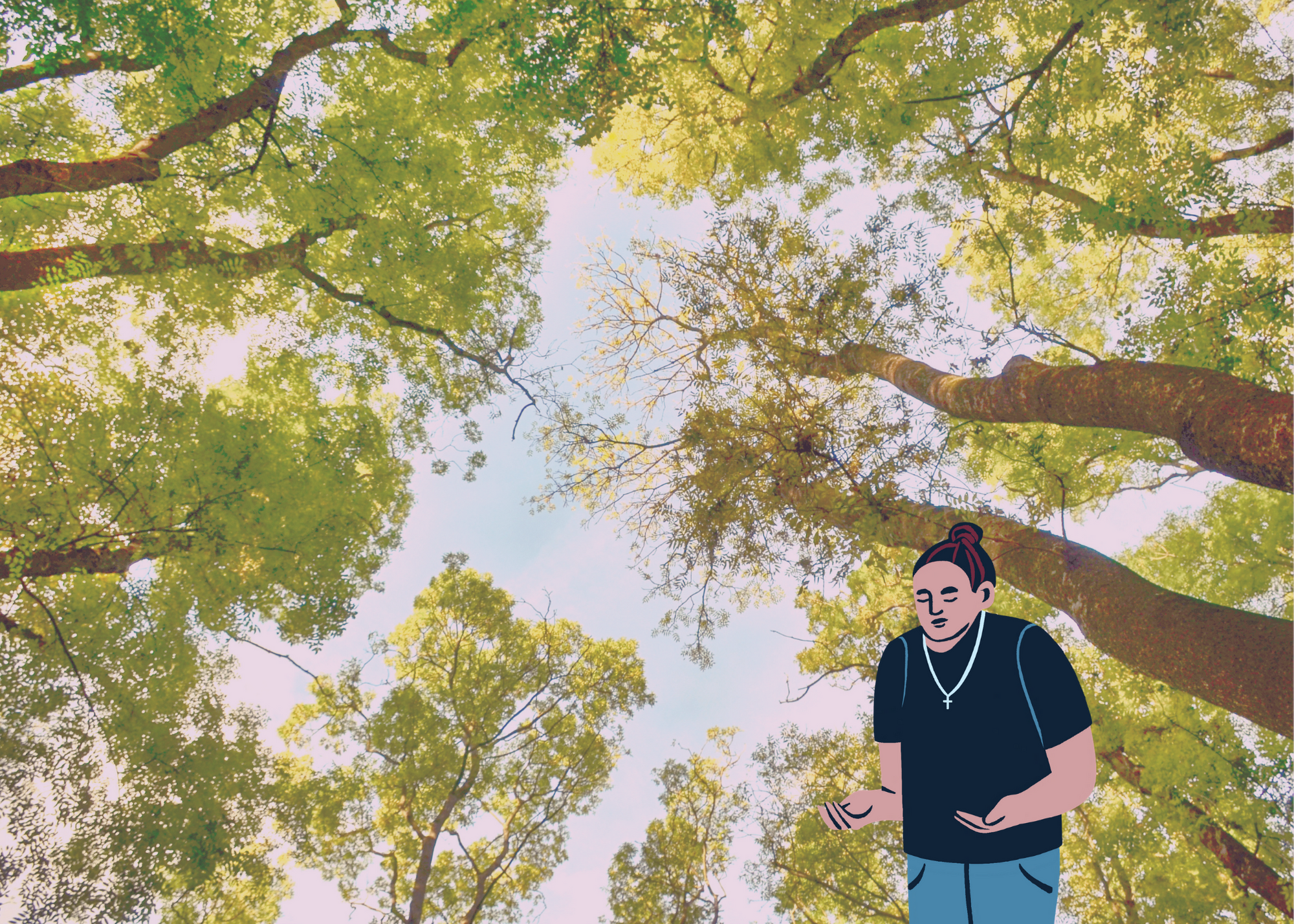 Photo of deciduous tree canpoy with light blue sky above and overlaid with drawing of a person wearing a black shirt, jeans, a cross necklace and hair in a top knot, their hands held in front on them palms up as in prayer