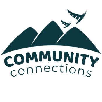 Logo of Pacific Mountain Regional Council's newsletter Community Connections. Shows a stylized mountain range of three mountains, with two birds in flight above, with the words Community Connections below