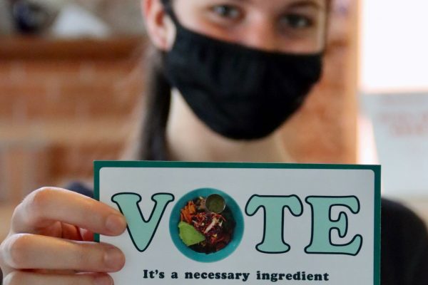 Person wearing a face mask holding out a small sign that reads Vote It's A Necessary Ingredient