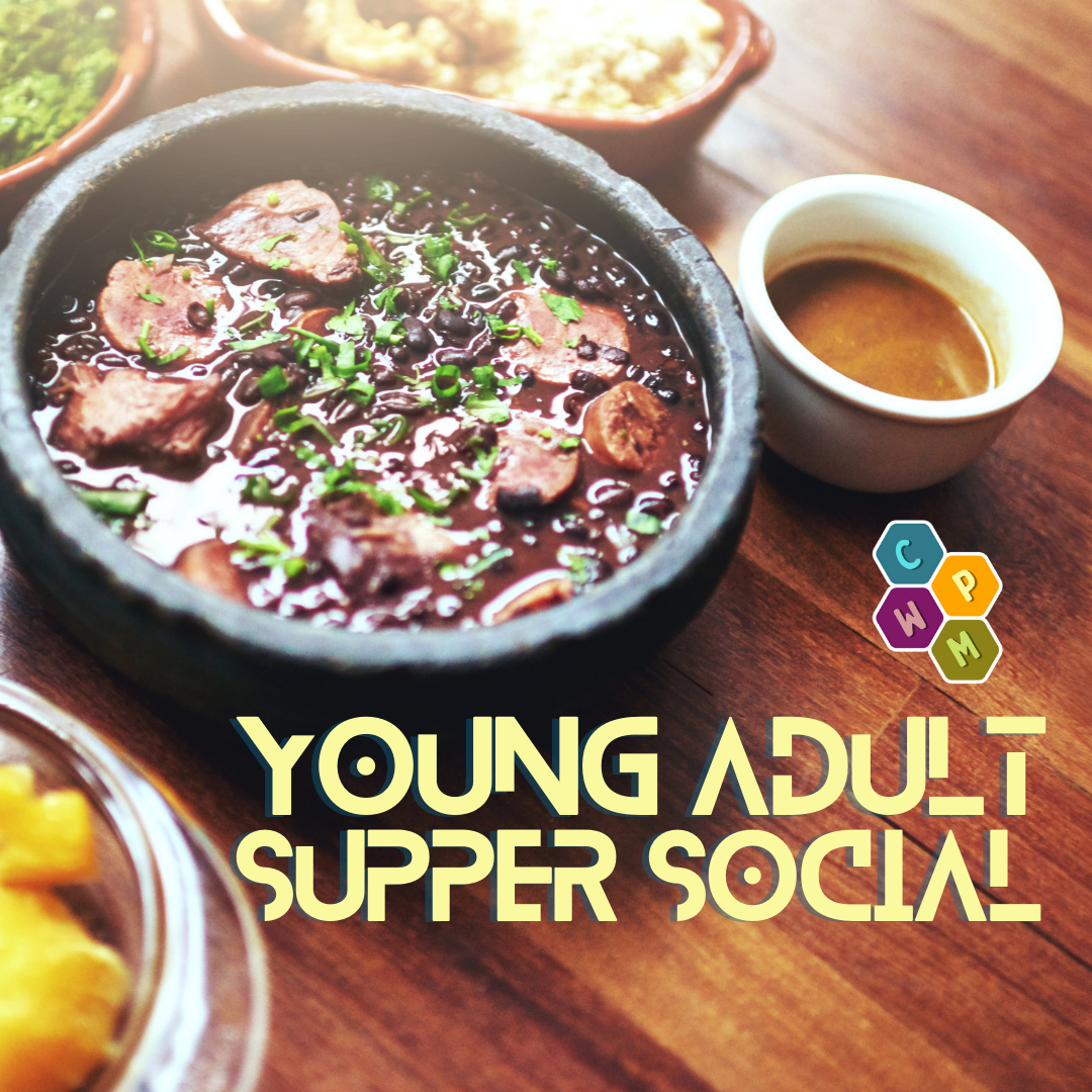 A photo of a bowl of delicious-looking soup sitting on a wooden table, with text reading 'Young Adult Supper Social' over top.