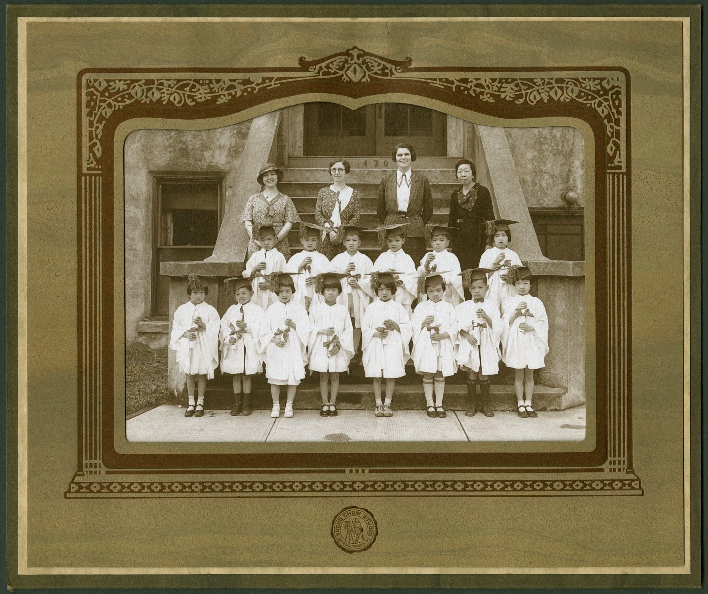 Kindergarten graduates, 1933, PMRC Archives, BCCA 2810-13. Photo by Yucho Chow. A photo of the Sunday school graduating kindergarten class was taken annually, here, at the entrance of the church’s building at 430 Dunlevy. The kindergarten was led by workers from the United Church Woman’s Missionary Society, and its primary role was teaching English as a second language so that language would not be a barrier in school or later, the workforce. 