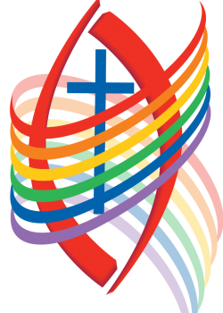 Red double pointed crest with ribbons of Pride colours wrapping around it, with a dark blue Christian cross at the centre. This is the logo for Affirm United