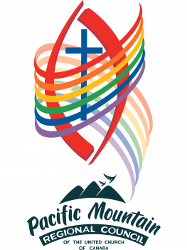 Red double pointed crest with ribbons of Pride colours wrapping around it, with a dark blue Christian cross at the centre, and the mountain logo of the Pacific Mountain Regional Council below it