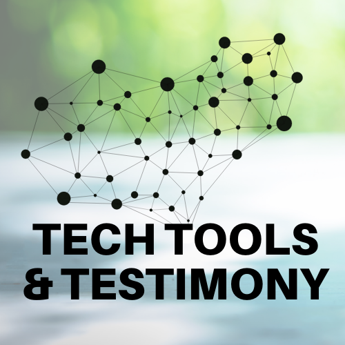 A grid of small and large black dots connected in a network, on a blue, green, and white background. Title: Tech Tools & Testimony.