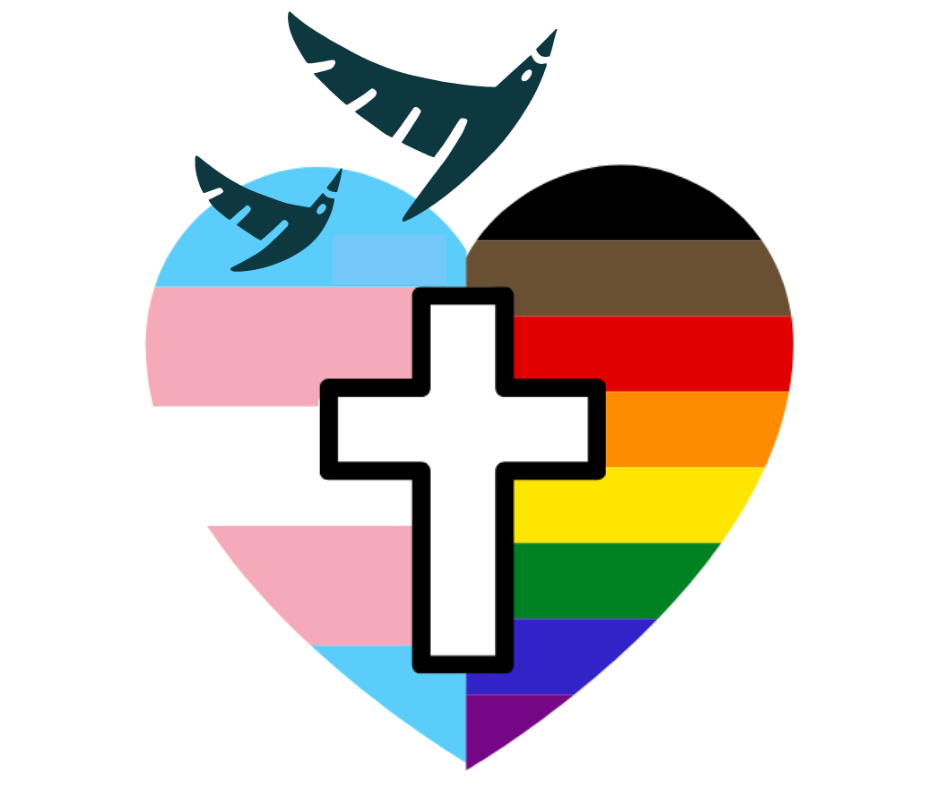 Graphic of a heart. Half the heart is coloured as the Trans Pride flag. The other half is coloured as the Pride flag including black and brown. There is a white cross overlaid at the centre of the heart. There are two hand drawn birds flying above. The birds are from the PMRC logo