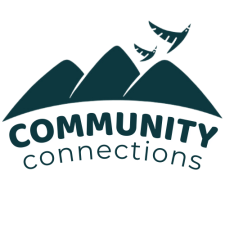 Logo of Pacific Mountain Regional Council's newsletter Community Connections. Shows a stylized mountain range of three mountains, with two birds in flight above, with the words Community Connections below