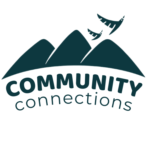 Logo of Pacific Mountain Regional Council's newsletter Community Connections. Shows a stylized mountain range of three mountains, with two birds in flight above, with the words Community Connections below