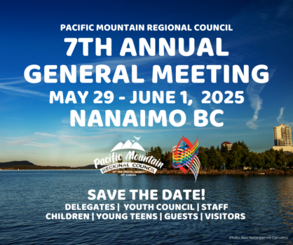 Photo of the park at Nanaimo BC's harbour with these words overlaid: 7th Annual General Meeting of Pacific Mountain Regional Council, May 29 - June 1, 2025 in Nanaimo BC. Also showing is the Pacific Mountain Regional Council logo and Affirming Ministries logo with additional text reading Delegates Youth Council Staff Children Young Teens Guests Visitors 
