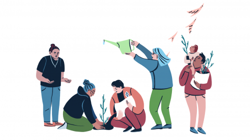 Stylized Illustration of 6 people sharing in the work of a community of faith: Praying, Tending, Nourishing, Witnessing, Growing. Drawn by west coast artist Emily Theissen for the Pacific Mountain Regional Council of The United Church of Canada