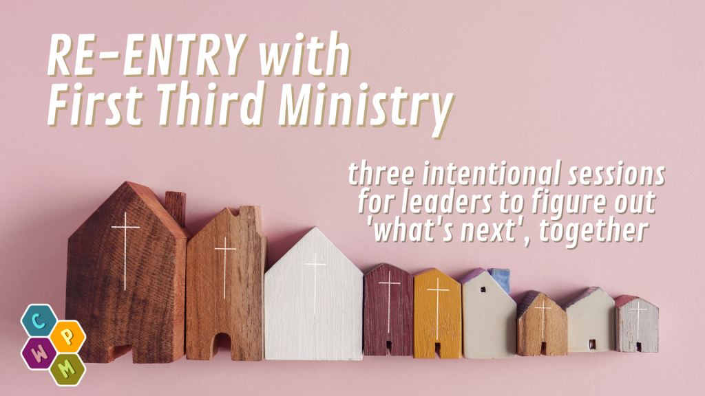 A row of wooden block toy church buildings of various colours and sizes on a dusty pink background. Title: Re-Entry with First Third Ministry.