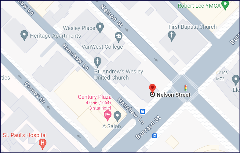 The red pin indicates the main entrance to St. Andrew's-Wesley United Church.