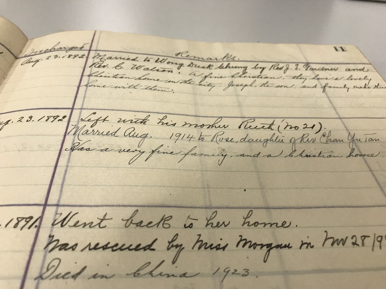 Sample page from a register of the Oriental Home and School.