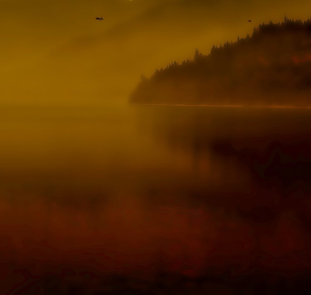 An eerie dark orange photo that is two thirds lake and one third sky with a treed hill to the right that is rising up into the sky as well as reflected in the water. The photo looks stylized yet is capturing the dark hues of the wildfire smoke-filled sky and atmosphere in New-Denver Silverton BC. In the sky there the black dot of a helicopter.